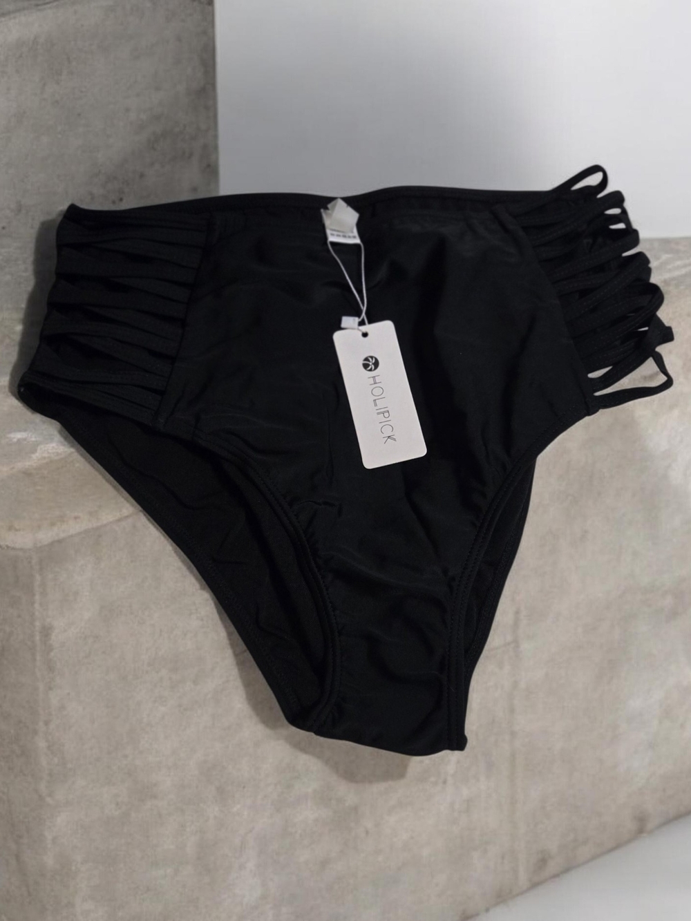 Women’s High-Waist Black Swim Bottoms with Strappy Sides Size L NWT